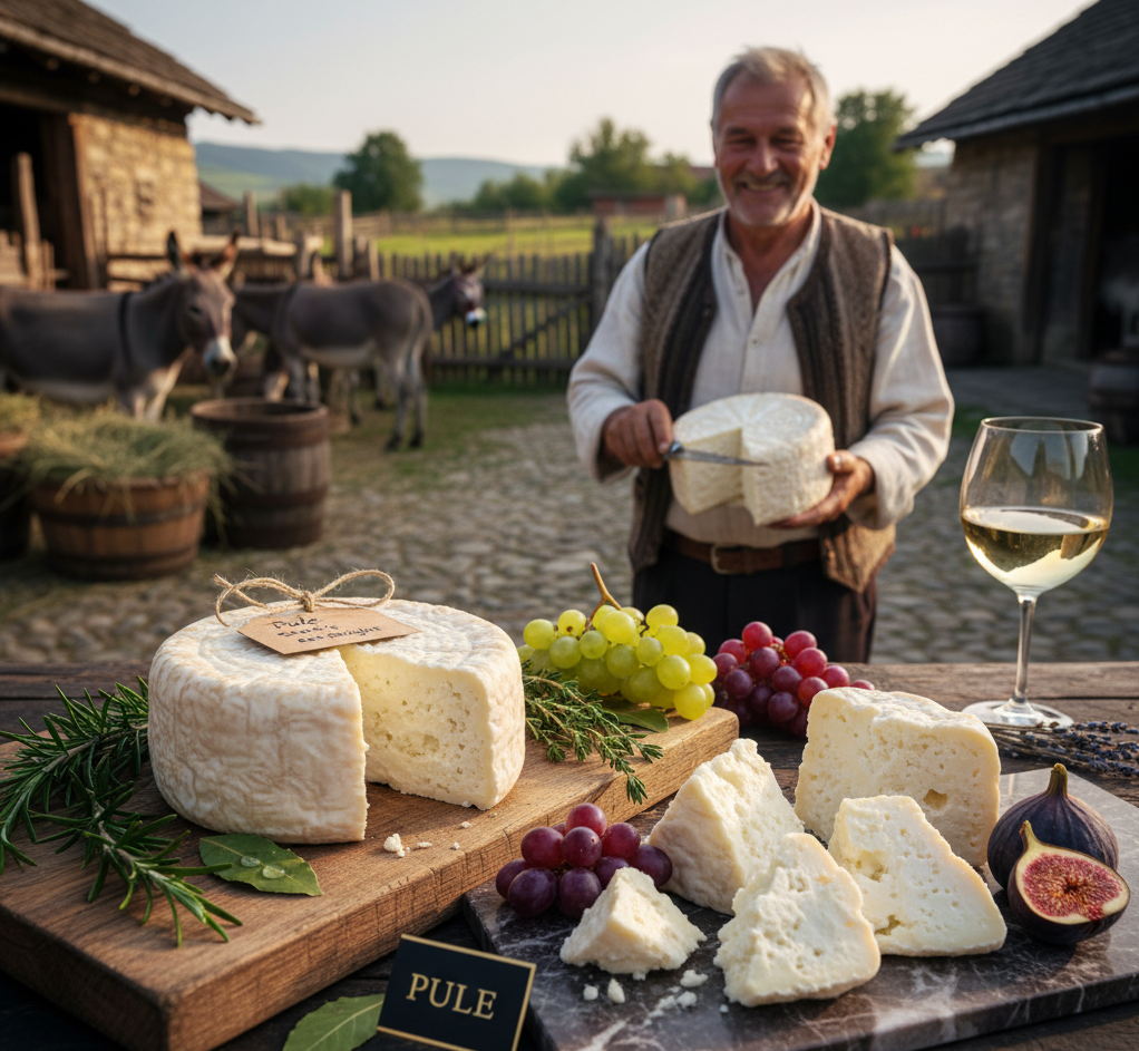 A freshly pressed wheel of Pule cheese, showing its white, crumbly texture.